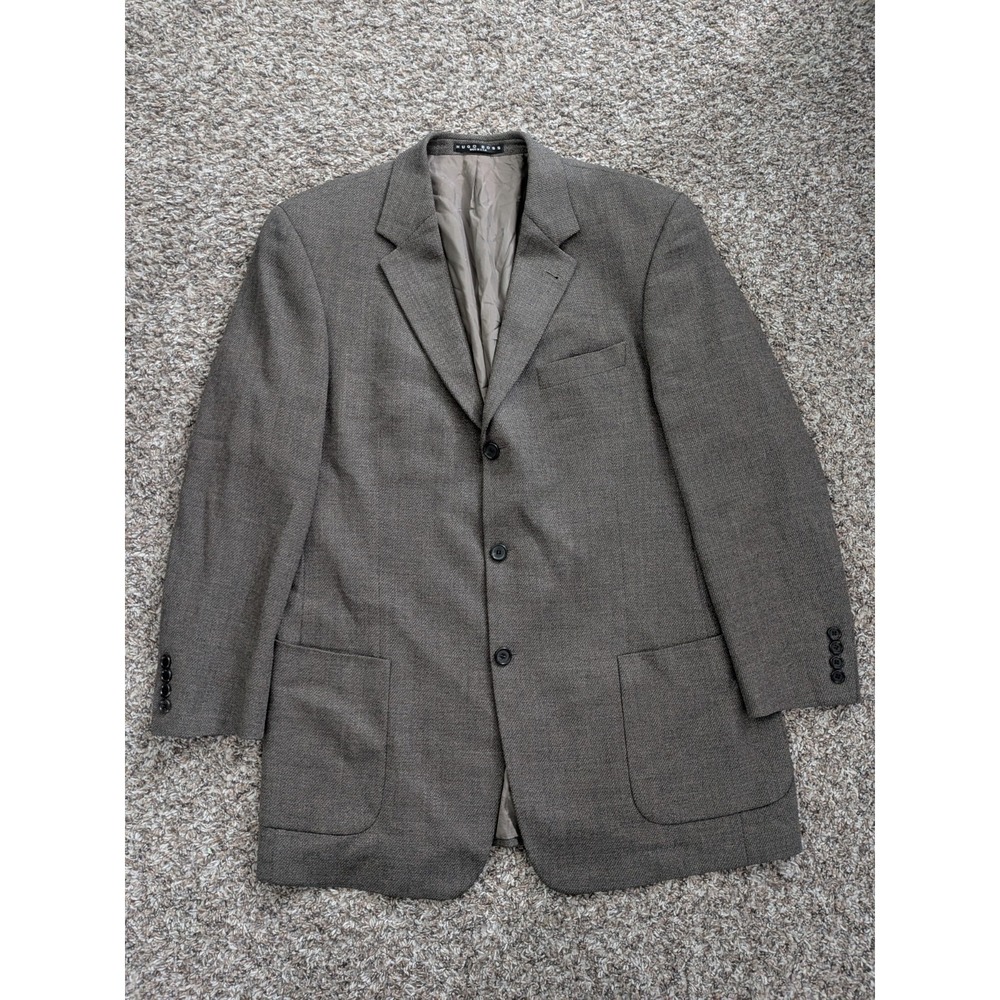 Boss Hugo Boss Blazer‎ Jacket Coat 44L Vintage USA Wool Gray Brown Herringbone